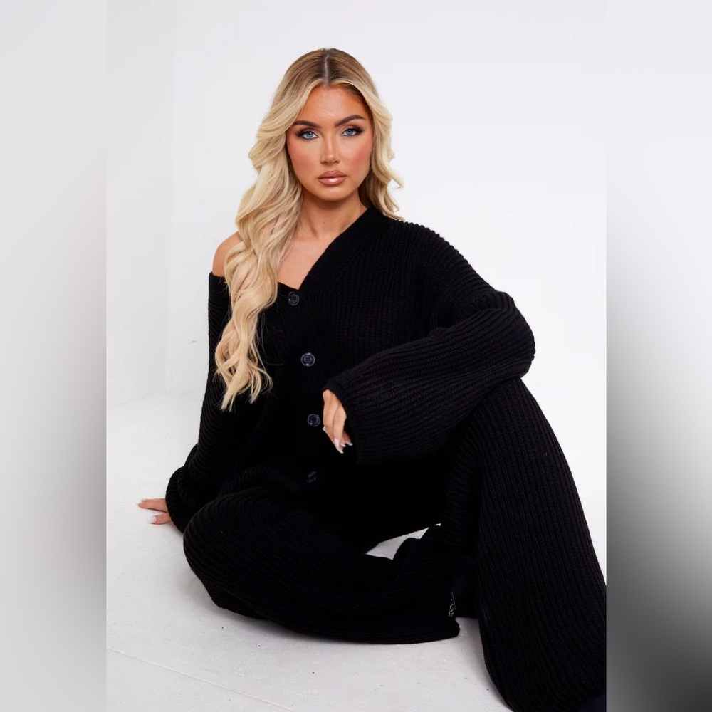 Miss Empire Chantelle Black Chunky Knit Cardigan & Trouser Set